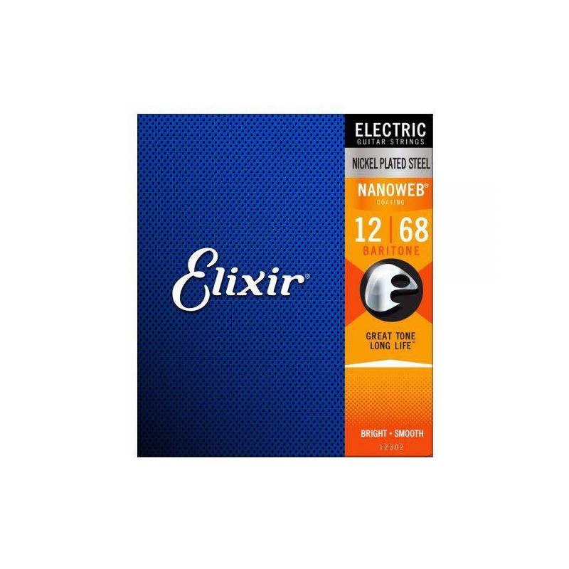 Juego de cuerdas Elixir para guitarra eléctrica 12302. Recubrimiento NanoWeb. Calibre Baritone 12 16 22 38 52 68