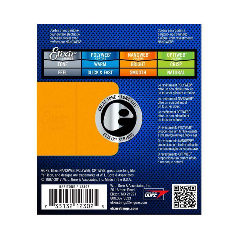 Juego de cuerdas Elixir para guitarra eléctrica 12302. Recubrimiento NanoWeb. Calibre Baritone 12 16 22 38 52 68