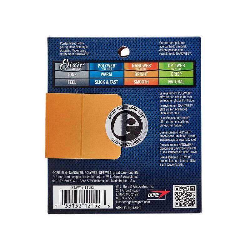 Juego de cuerdas Elixir para guitarra eléctrica 12152, Recubrimiento NanoWeb. Calibre Heavy 12 16 24w 32 42 52
