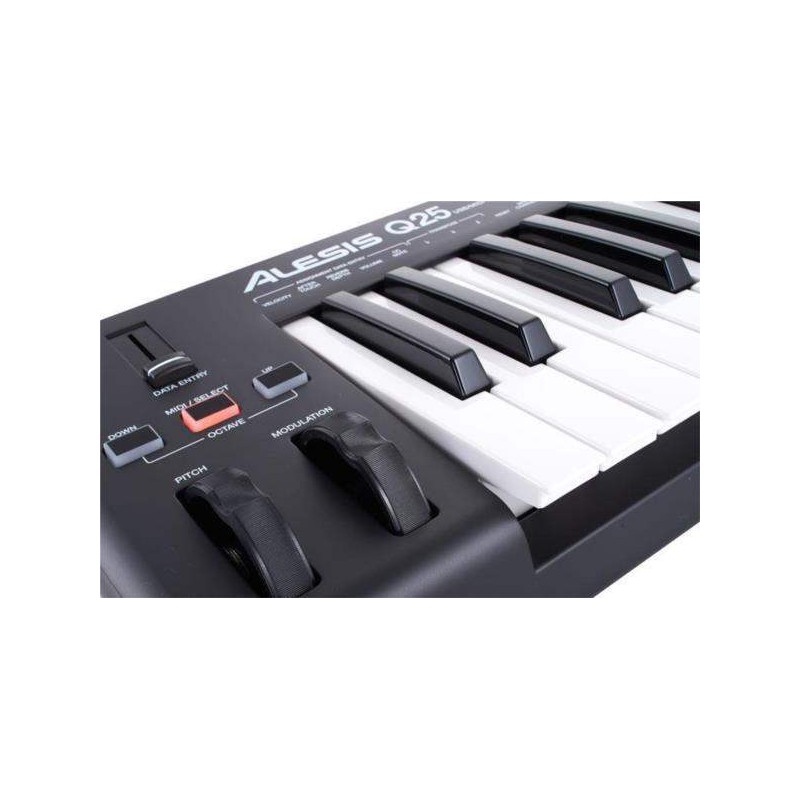 Teclado Controlador ALESIS Q25 USB-Midi, 25 Teclas Sensibles, USB/MIDI y puertos MIDI tradicionales para Mac o PC