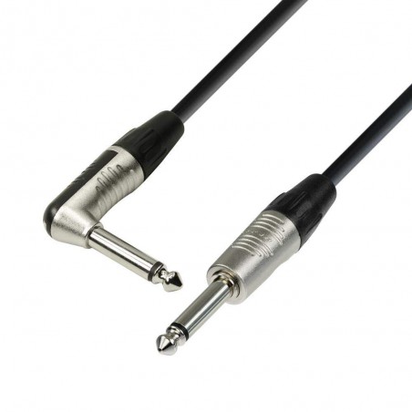 Cable de Instrumento Adam Hall de Jack 6,3 mm mono a Jack 6,3 mm mono acodado 3m de distancia, calidad 4 estrellas.