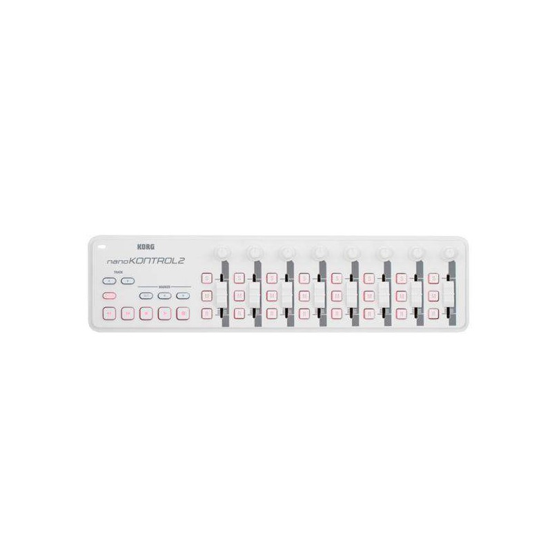 Controlador Korg Nanokontrol 2 White USB con 9 controladores rotativos, 9 faders y 18 switches.