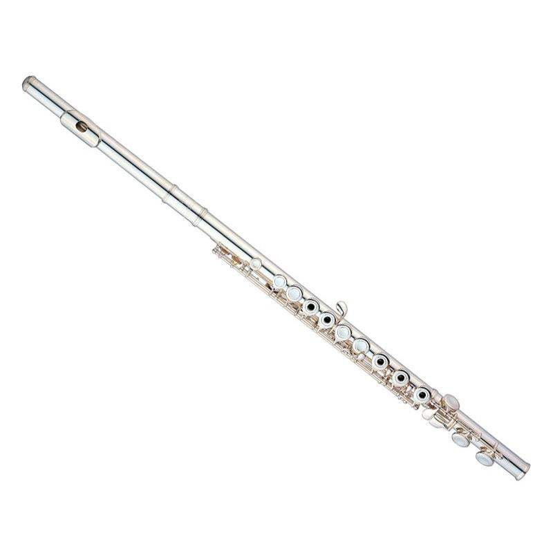Flauta Travesera Jupiter JFL-700R plateada, con platos abiertos y llaves alineadas.