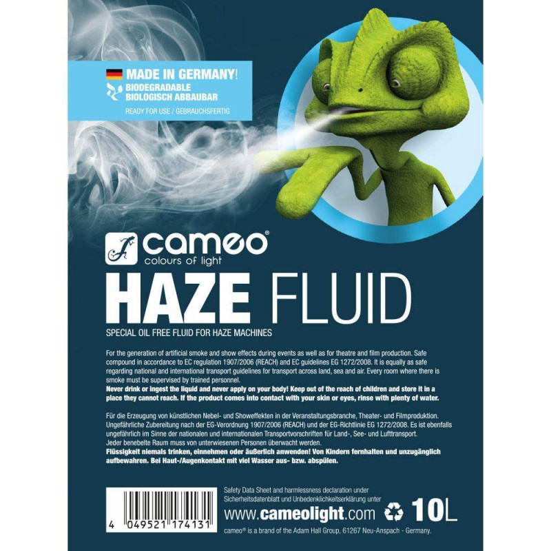 Líquido de neblina Cameo CLFHAZE10L Haze Fluid 10L de larga duración, sin aceite.