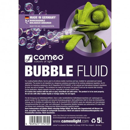 Líquido especial para la creación de pompas de jabón Cameo CLFBUBBLE5L Bubble Fluid en bidón de 5 Litros. Líquido especial para la creación de pompas de jabón Cameo CLFBUBBLE5L Bubble Fluid en bidón de 5 Litros.