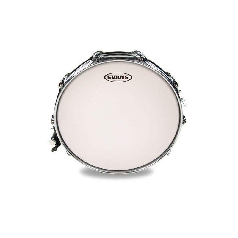 Parche batidor para caja de 14" Evans Power Center Reverse Dot B14G1RD de 1 capa blanco rugoso y con refuerzo central.