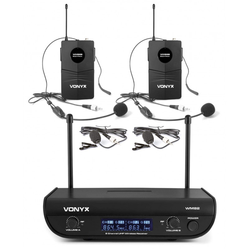 VONYX WM82B Micro inalambrico UHF 2 canales, dos micros,doble Petaca de levalier/Headset.