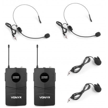 VONYX WM82B Micro inalambrico UHF 2 canales, dos micros,doble Petaca de levalier/Headset.
