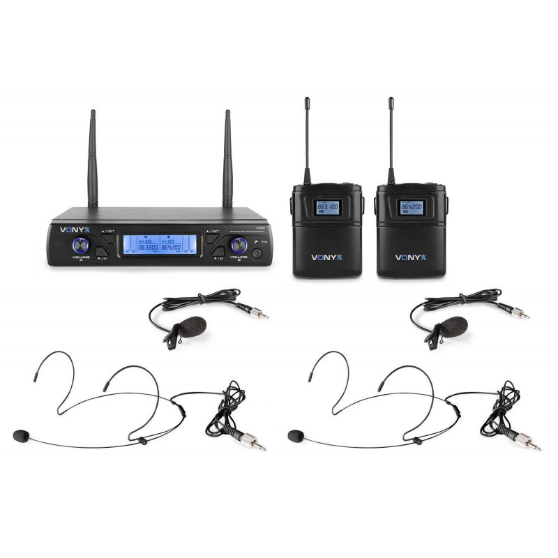 VONYX WM62B Microfono inalambrico UHF 16 Ch. doble. 2 petacas , micros levalier, y Headset