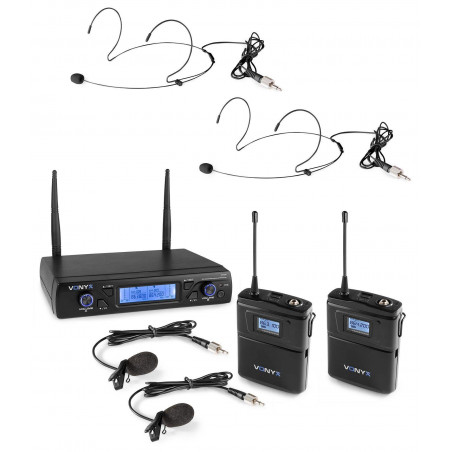 VONYX WM62B Microfono inalambrico UHF 16 Ch. doble. 2 petacas , micros levalier, y Headset