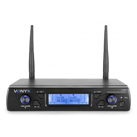 VONYX WM62B Microfono inalambrico UHF 16 Ch. doble. 2 petacas , micros levalier, y Headset
