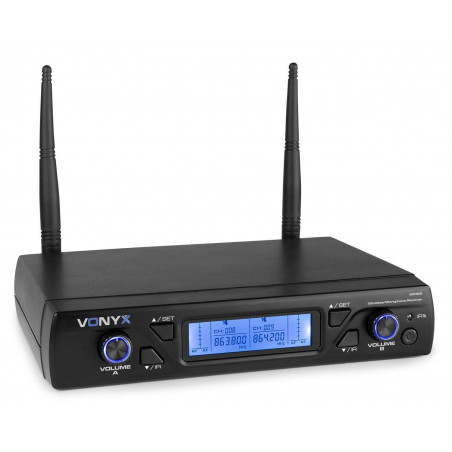 VONYX WM62B Microfono inalambrico UHF 16 Ch. doble. 2 petacas , micros levalier, y Headset