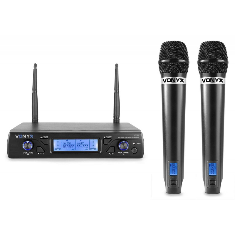 VONYX WM62 Micrófono inalámbrico UHF 16Ch con 2 micrófonos de mano