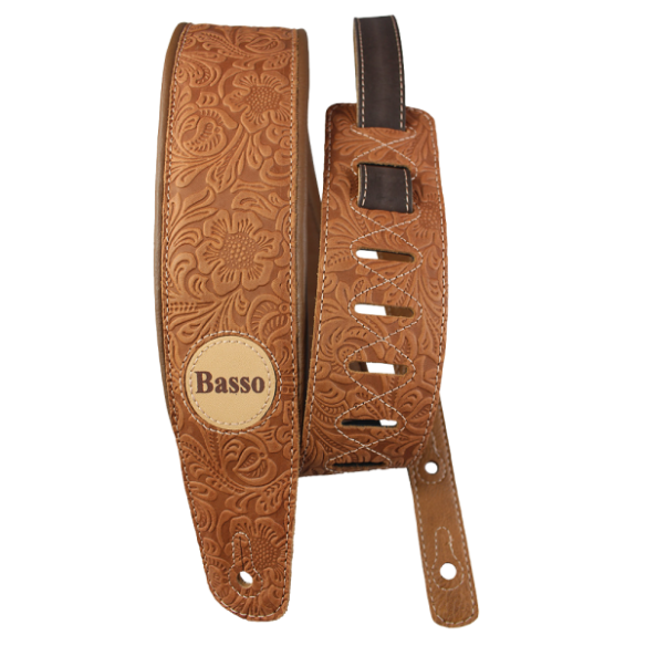 VTSL83 CORREA GUITARRA/BAJO Cuero Whiskey Floreada