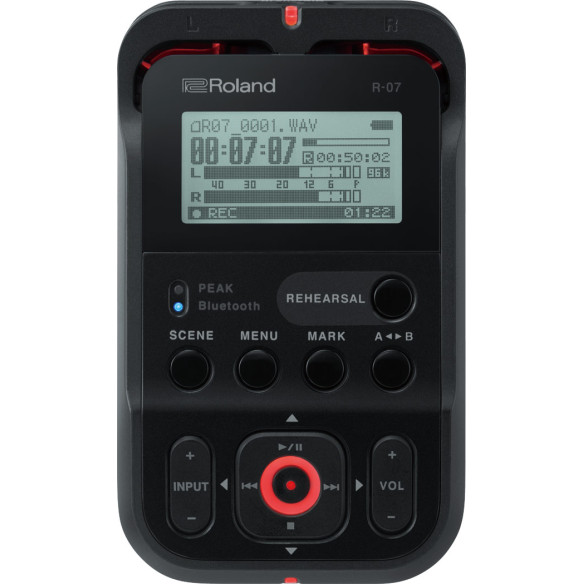 Grabador portátil con monitorización inalámbrica y control remoto Roland R-07, acabado en negro. Grabador portátil con monitorización inalámbrica y control remoto Roland R-07, acabado en negro.