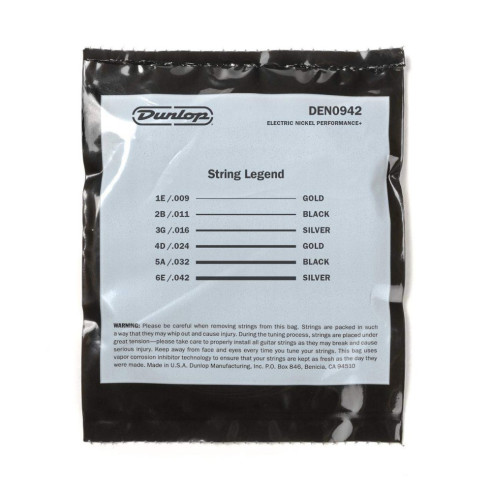 Juego de cuerdas para guitarra Eléctrica Dunlop DEN0942 Nickel Plated Steel Light 9-42. Calibre Light 9-11-16-24-32-42.