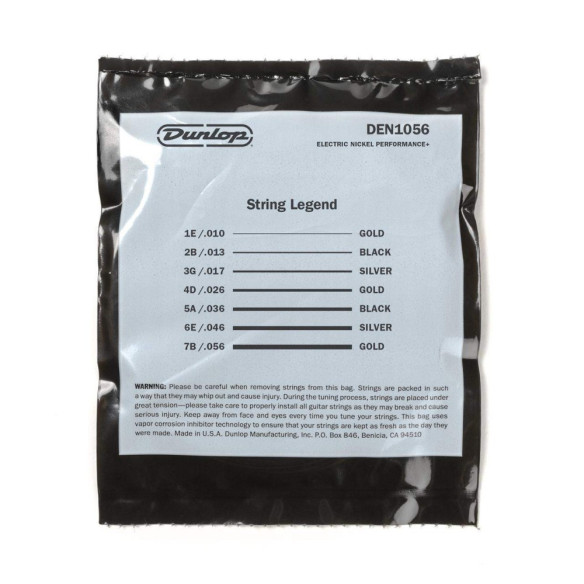 Juego para guitarra Eléctrica de 7 Cuerdas Dunlop Perfomance+ DEN1056 Nickel Wound - Light Calibre 10-56.