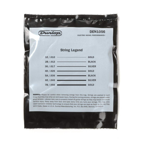 Juego para guitarra Eléctrica de 7 Cuerdas Dunlop Perfomance+ DEN1056 Nickel Wound - Light Calibre 10-56.