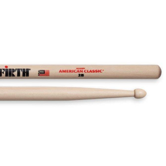 Baquetas VIC FIRTH 2B American Classic Hickory con punta de madera, ideales para rock, heavy rock, banda y prácticas.