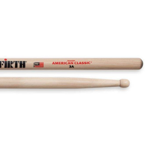 Baquetas VIC FIRTH 3A American Classic Hickory con punta de madera, ideal para Rock suave o fusión.