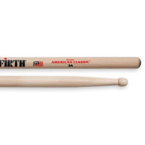 Baquetas VIC FIRTH 3A American Classic Hickory con punta de madera, ideal para Rock suave o fusión.
