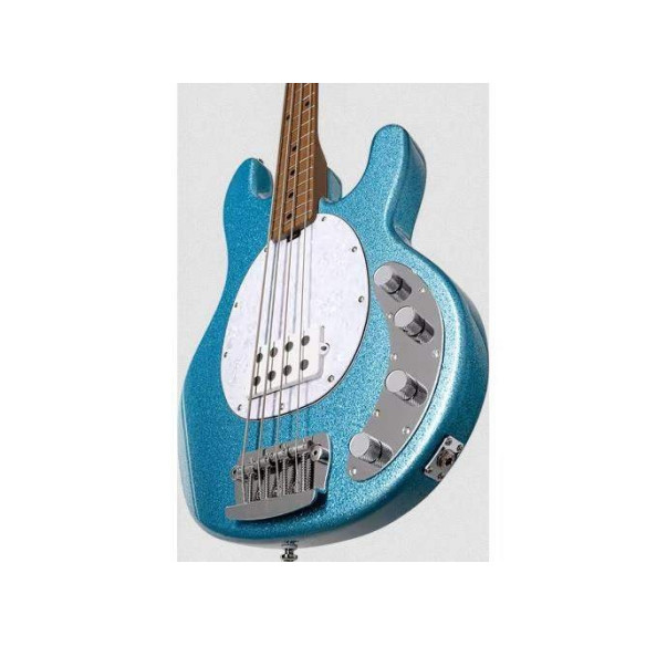 comprar nuevo Bajo eléctrico de 4 cuerdas StingRay by MusicMan RAY34 RM/M en acabado Blue Sparkle con golpeador blanco.