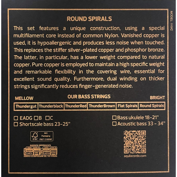 AQUILA Juego Cuerdas Ukelele Bajo Round Spirals (18-21) 300-U