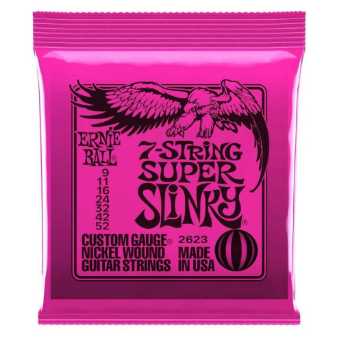 Juego de 7 Cuerdas para Guitarra Electrica Ernie Ball Super Slinky Nickel Wound 2623, Calibre 9-52