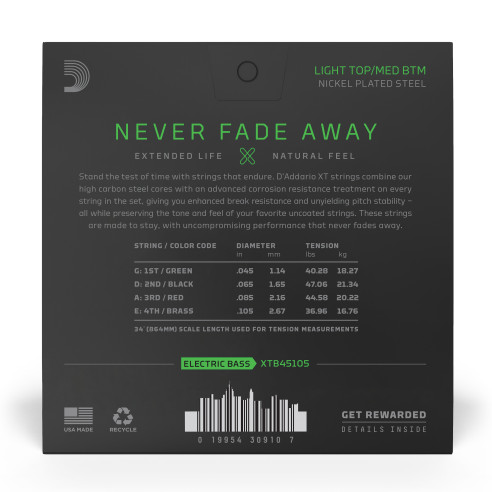 Juego de cuerdas para bajo d'Addario XTB45105 con aleación de nickel y acabado XT coated anti corrosión. Calibre 45-105.