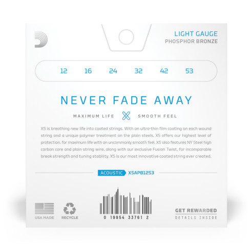 comprar Juego cuerdas para guitarra acústica d'Addario XSAPB1253 recubiertas XS Phosphor Bronze, calibre fino, 12-53.