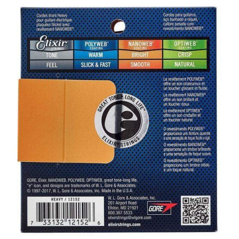 Juego de cuerdas Elixir para guitarra eléctrica 12152, Recubrimiento NanoWeb. Calibre Heavy 12 16 24w 32 42 52