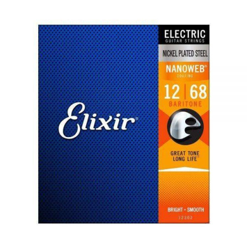 Juego de cuerdas Elixir para guitarra eléctrica 12302. Recubrimiento NanoWeb. Calibre Baritone 12 16 22 38 52 68