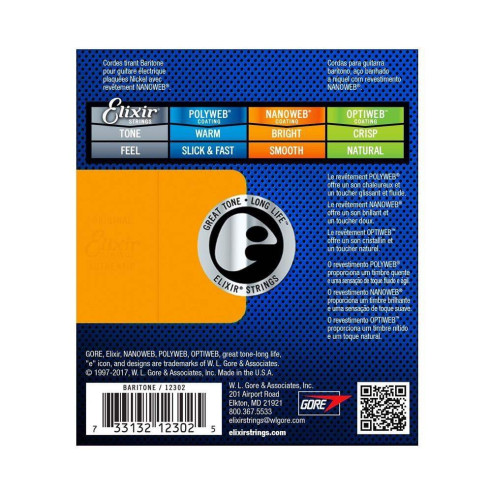 Juego de cuerdas Elixir para guitarra eléctrica 12302. Recubrimiento NanoWeb. Calibre Baritone 12 16 22 38 52 68