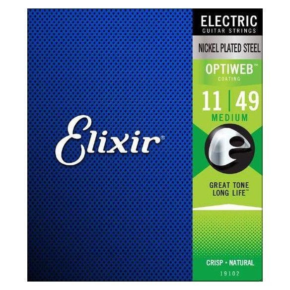 Juego Elixir Optiweb para guitarra eléctrica 11-49 19102 con recubrimiento OptiWeb, Medium, Calibre 11-14-18-28-38-49