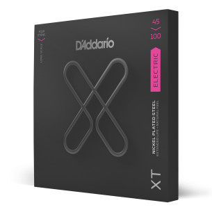 Juego de cuerdas para bajo d'Addario XTB45100 con aleación de nickel y acabado XT coated anti corrosión. Calibre 45-100