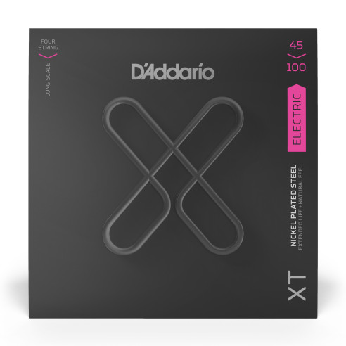 Juego de cuerdas para bajo d'Addario XTB45100 con aleación de nickel y acabado XT coated anti corrosión. Calibre 45-100