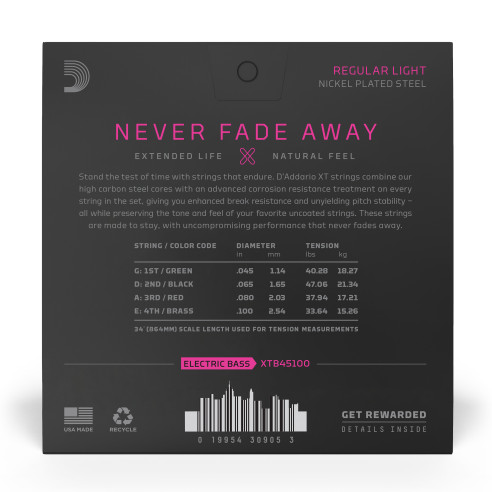 Juego de cuerdas para bajo d'Addario XTB45100 con aleación de nickel y acabado XT coated anti corrosión. Calibre 45-100