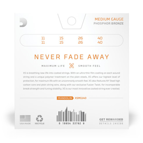 comprar juego de Cuerdas para mandolina d'Addario XSM1140 recubiertas XS Phosphor Bronze, calibre medio, 11-40.