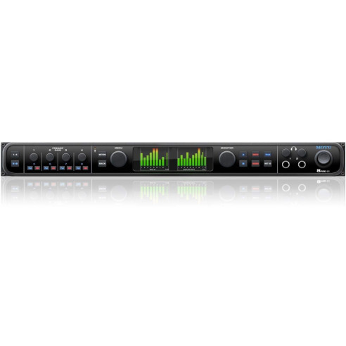Interface de audio USB Motu 8PRE ES con conversores de A/D ESS Sabre32 DAC y dos pantallas a todo color.