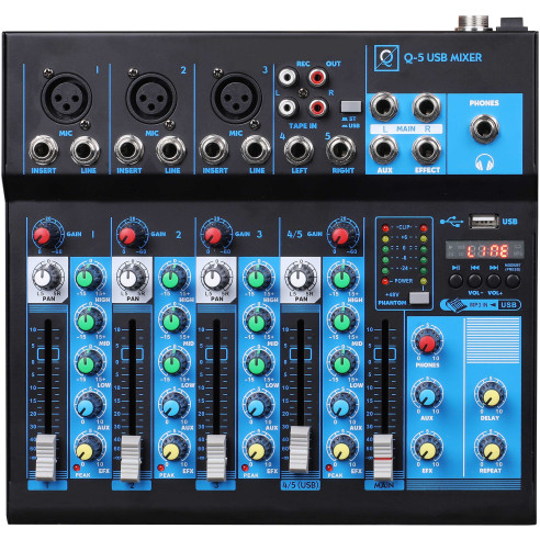 OQAN Mixer Q5 MK2 USB, Mesa de mezclas de 5 canales. Reproductor Mp3 USB/Bluetooth,