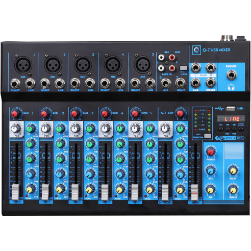 OQAN Mixer Q7 MK2 USB Mesa de mezclas de 7 canales ,Reproductor MP3 USB y Bluetooth,