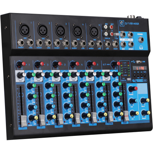 OQAN Mixer Q7 MK2 USB Mesa de mezclas de 7 canales ,Reproductor MP3 USB y Bluetooth,