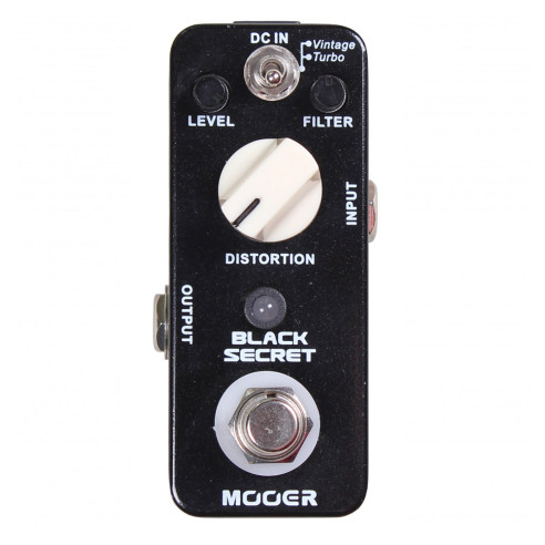 Pedal Mooer Micro Series Black Secret Distortion, un pedal de distorsión que opera en 2 modos, Vintage y Turbo.