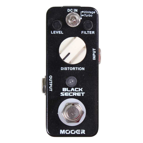 Pedal Mooer Micro Series Black Secret Distortion, un pedal de distorsión que opera en 2 modos, Vintage y Turbo.