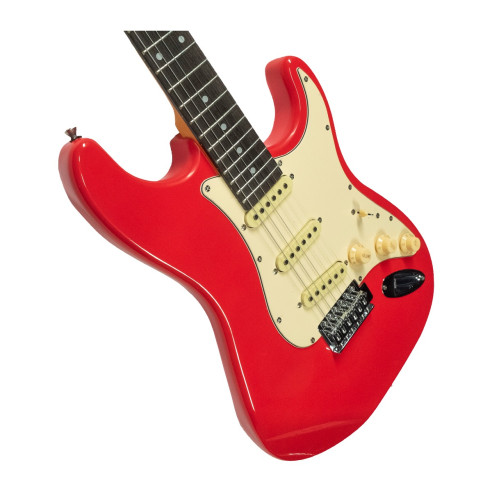 Guitarra Eléctrica tipo Strato con cuerpo macizo Oqan QGE-RST2 Red RIFF Series. Acabado en Rojo.