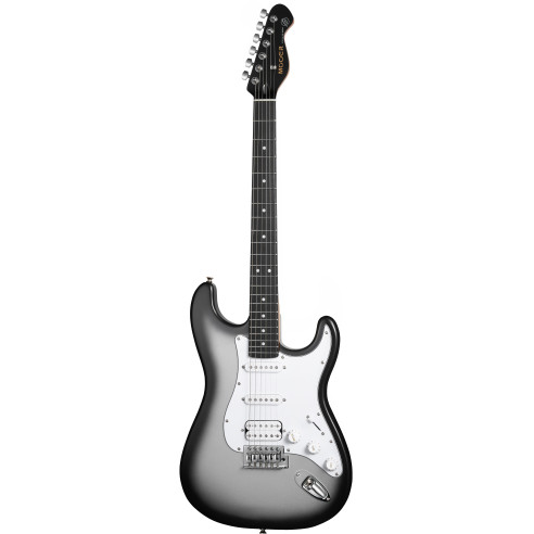 Guitarra Eléctrica MOOER MSC12 Pro con un diseño moderno y un llamativo acabado Iron Silver.