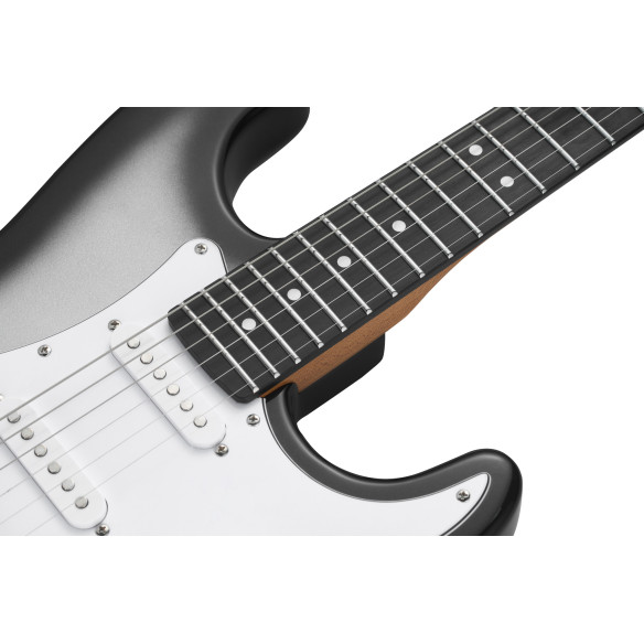 Guitarra Eléctrica MOOER MSC12 Pro con un diseño moderno y un llamativo acabado Iron Silver.