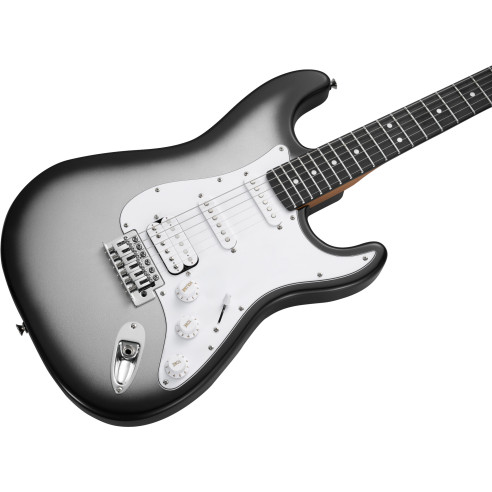 Guitarra Eléctrica MOOER MSC12 Pro con un diseño moderno y un llamativo acabado Iron Silver.