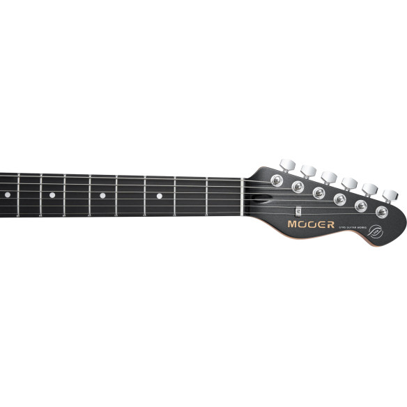 Guitarra Eléctrica MOOER MSC12 Pro con un diseño moderno y un llamativo acabado Iron Silver.