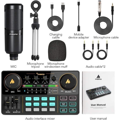 Todo en uno Tarjeta de Sonido USB, Mezclador de audio,soporte de sobremesa, antipop ,y cableado,
